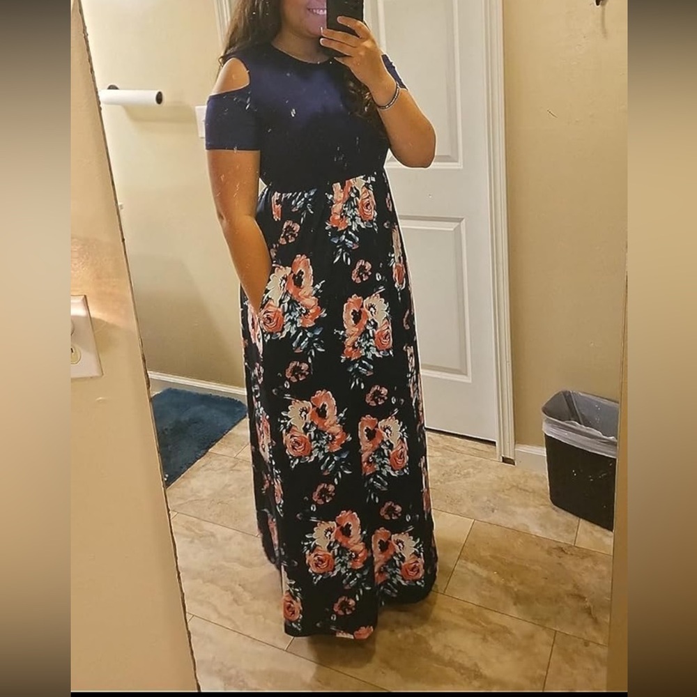 Floral Printed Maxi Dress, Cold Shoulder, Pockets, Casual Summer Beach Dress.